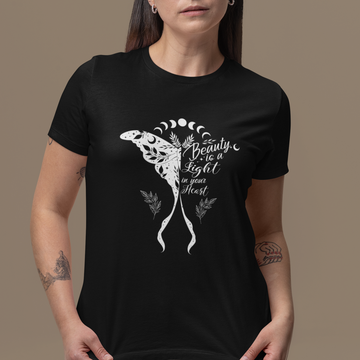 Moth T Shirt For Women Floral Moth Beauty Is A Light In Your Heart Luna Moth Black and White Cottagecore Inspirational Shirt for Women, Moth T-shirt, Spirituality Shirt - Wonder Print Shop