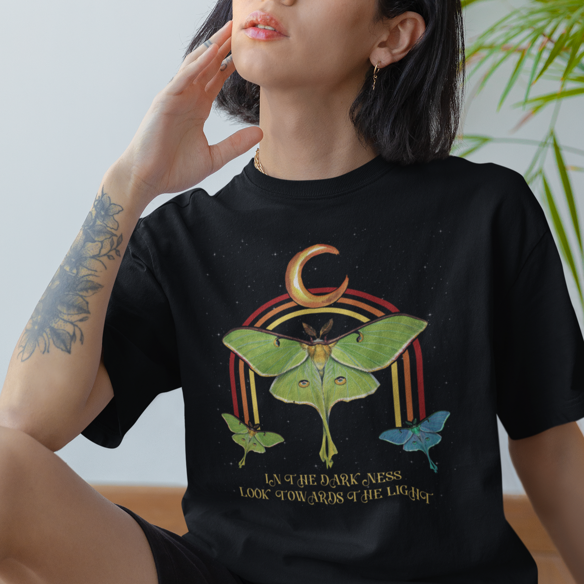 Celestial Occult In The Darkness Look Towards The Light Inspirational Spiritual Luna Moth T-Shirt for Women, Moth Spirituality T Shirt For Women - Wonder Print Shop