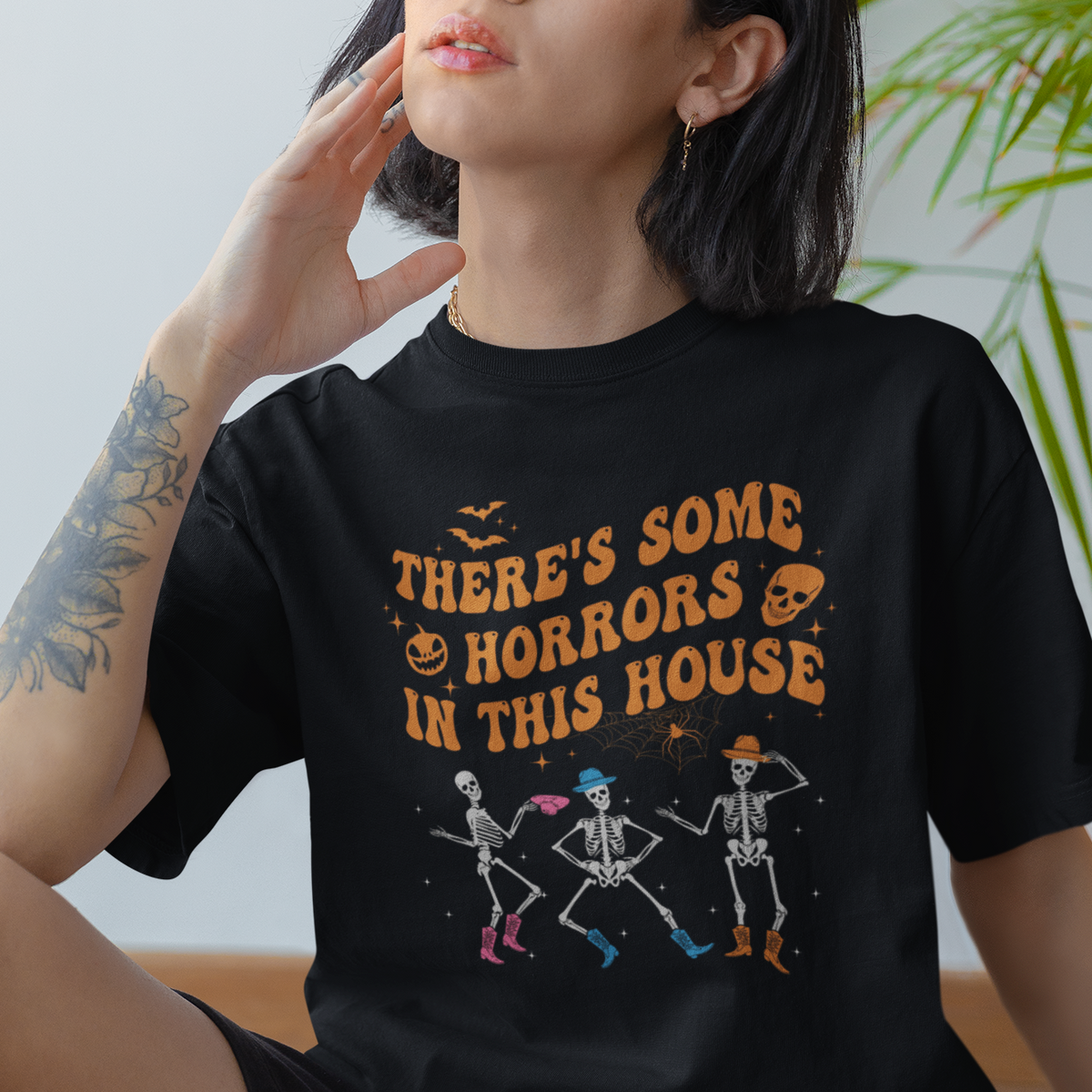 Halloween T Shirt There's Some Horrors In This House Spooky Halloween Skeleton - Wonder Print Shop