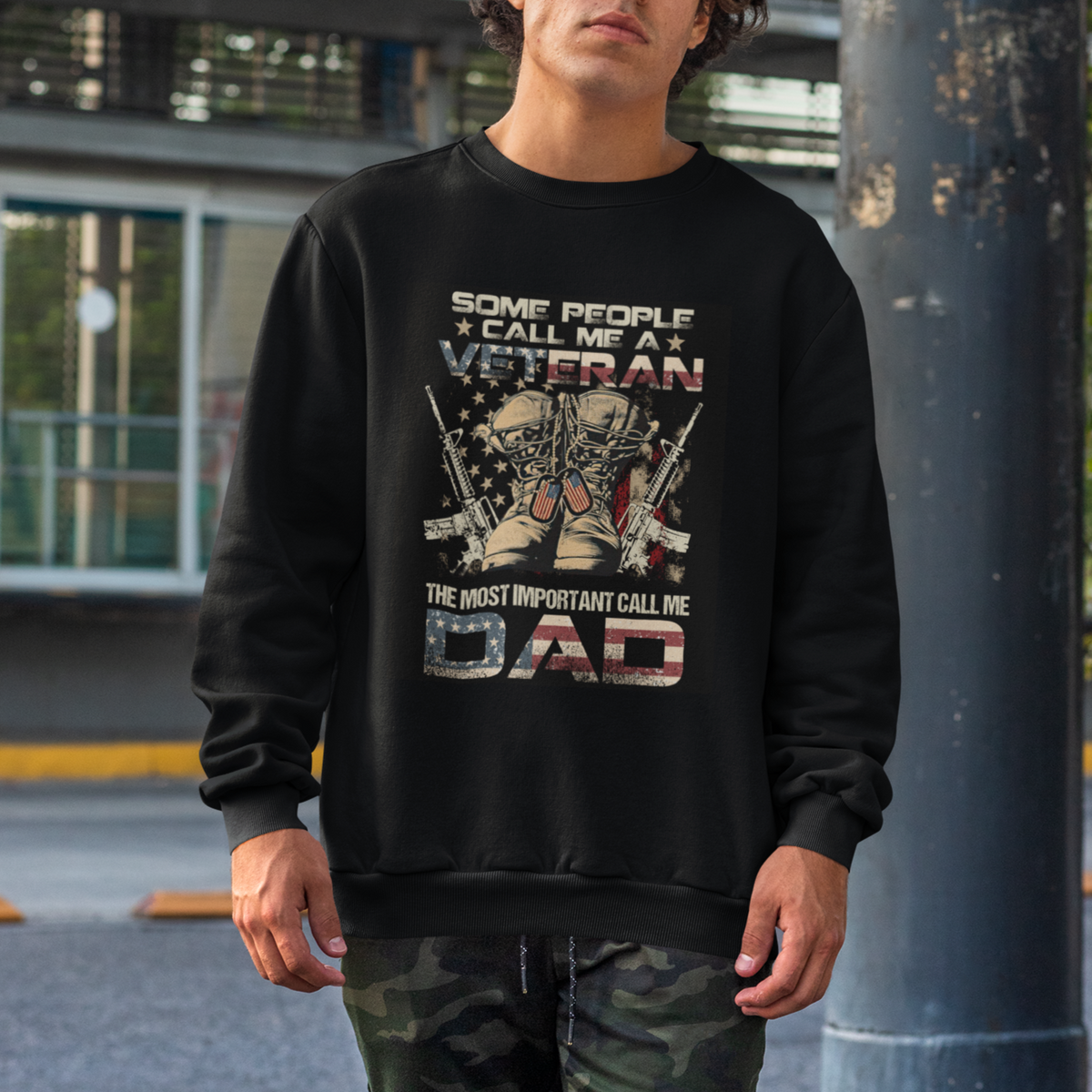 Veteran Dad Sweatshirt The Most Important People Call Me Dad American Flag Combat Boots And Dog Tags - Wonder Print Shop