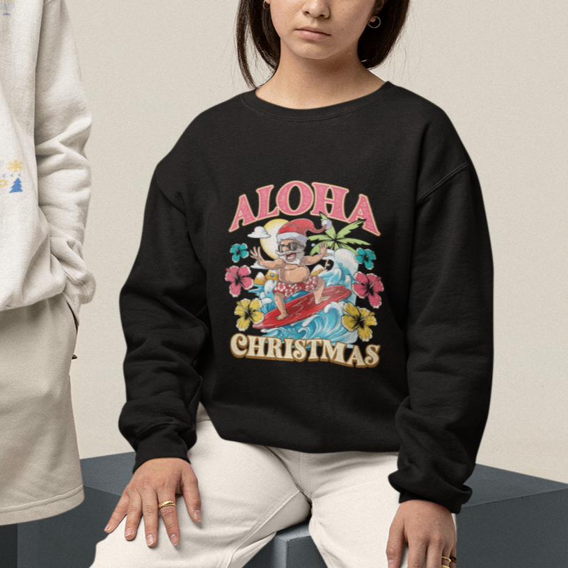 Aloha Hawaiian Christmas Mele Kalikimaka Tropical Xmas Surfing Santa Sweatshirt - Wonder Print Shop