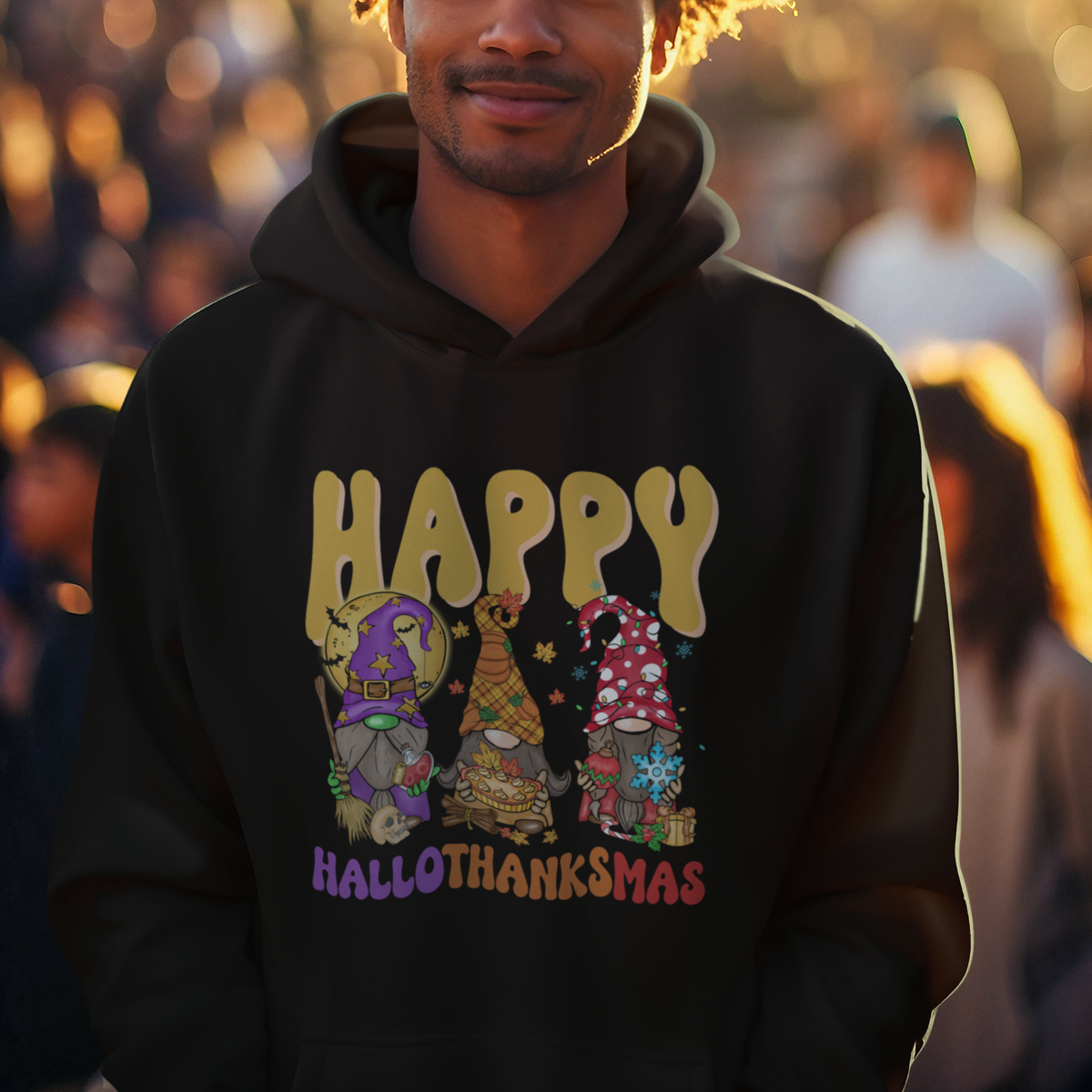 Hallothanksmas Hoodie Halloween Thanksgiving Christmas Happy HalloThanksMas Gnomes - Wonder Print Shop