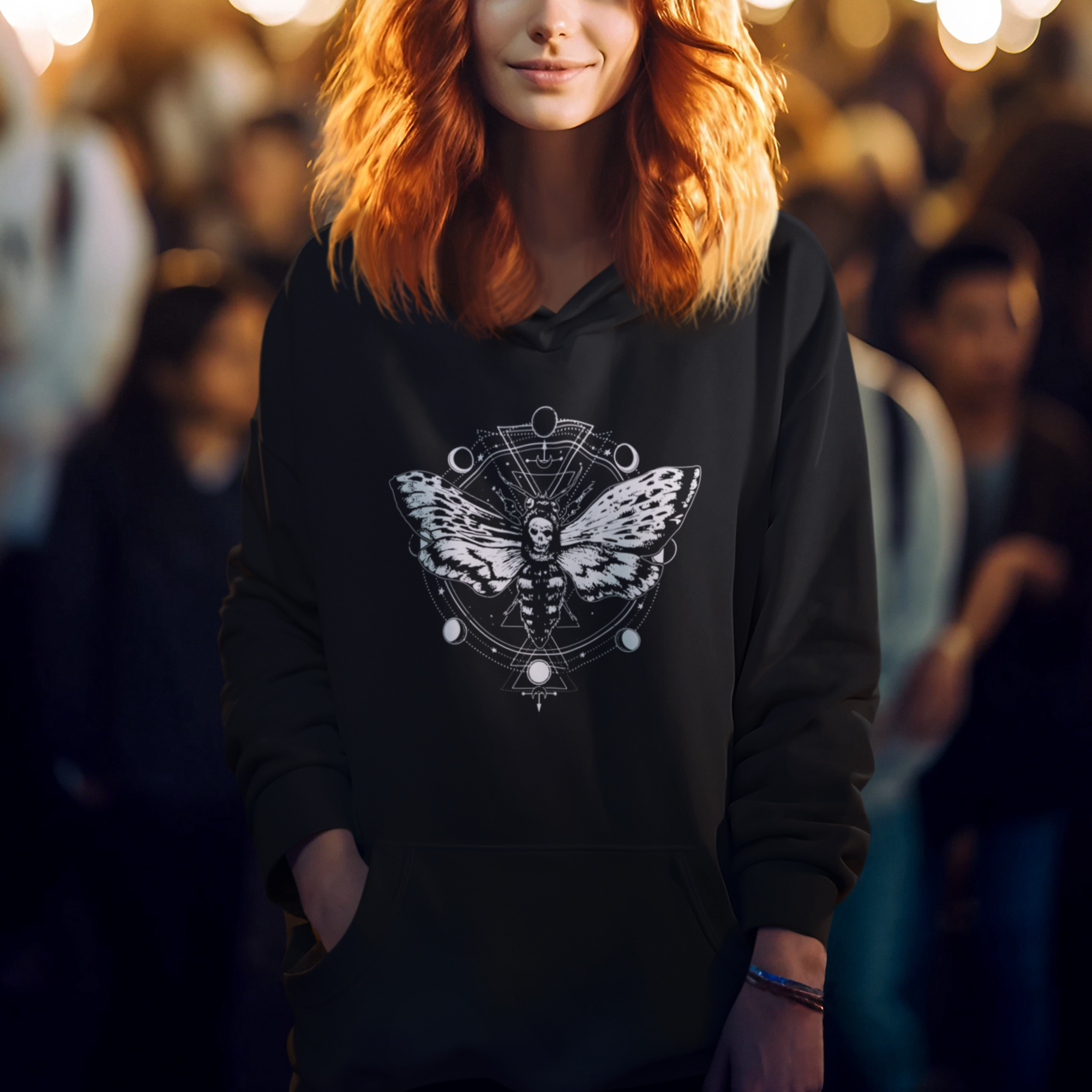 Moth Hoodie Geometric Moon Phases Moth Death's Head Hawkmoth Occult Nature Mandala Mystic Night Peaceful Meditation Shirt for Women, Moth T-shirt, Spirituality Shirt - Wonder Print Shop