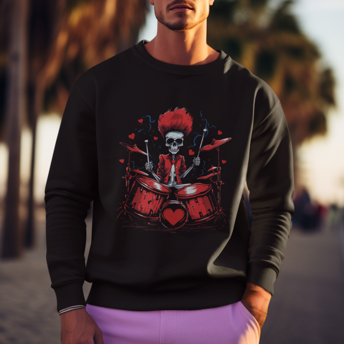 Valentine's Day Sweatshirt Cool Skeleton Drummer Rock Lover - Wonder Print Shop