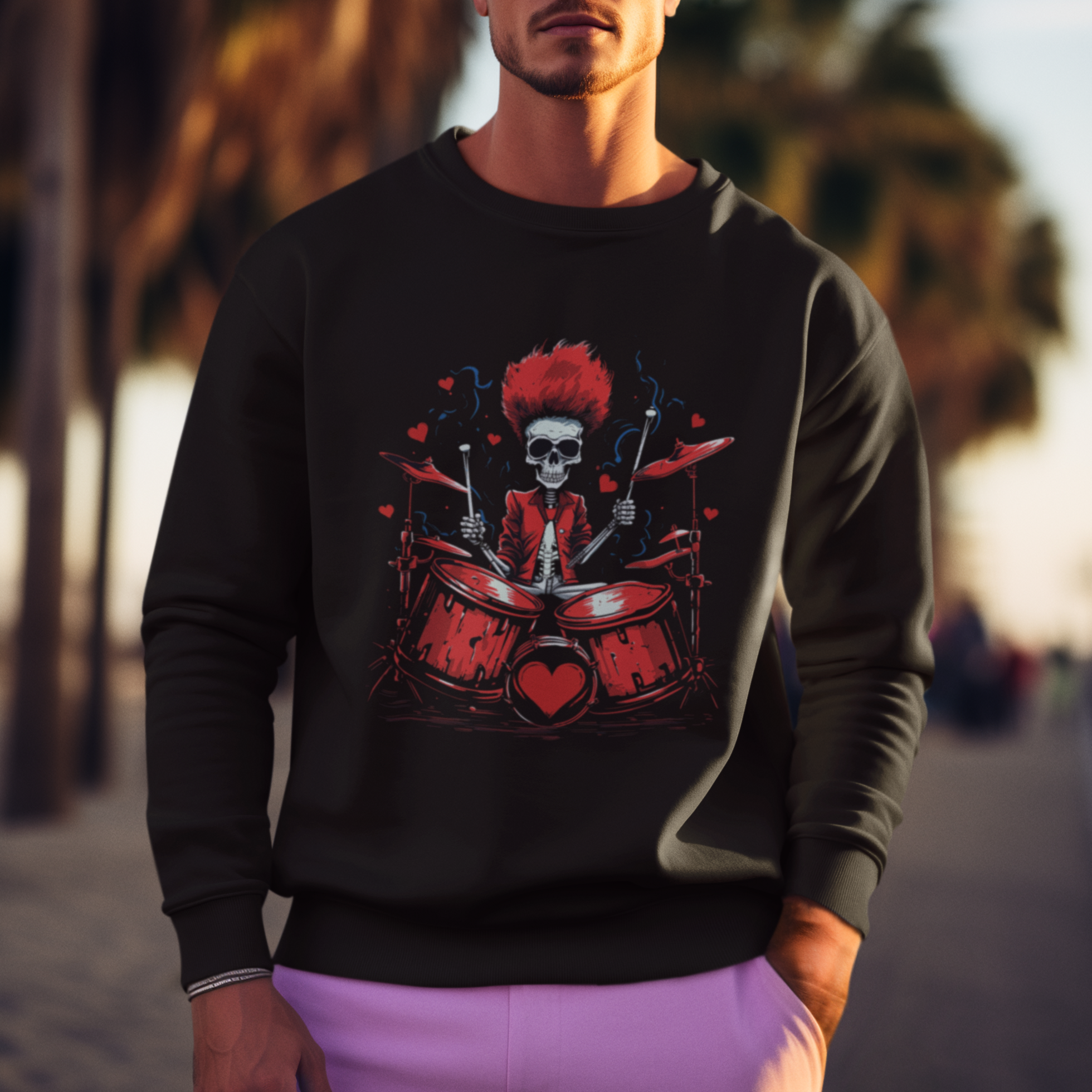 Valentine's Day Sweatshirt Cool Skeleton Drummer Rock Lover - Wonder Print Shop