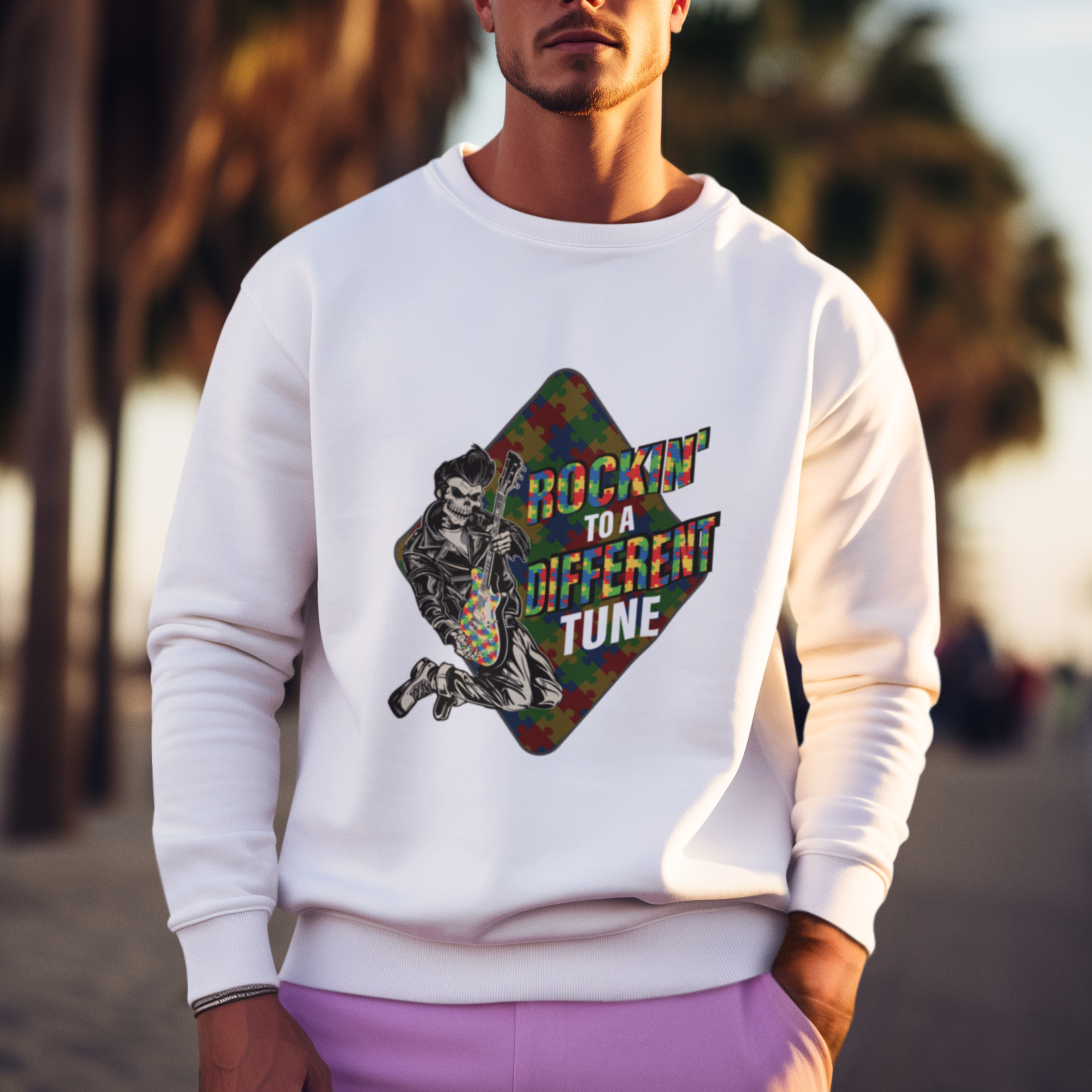 Autism Awareness Sweatshirt Rockin' To A Different Tune Skeleton - Wonder Print Shop