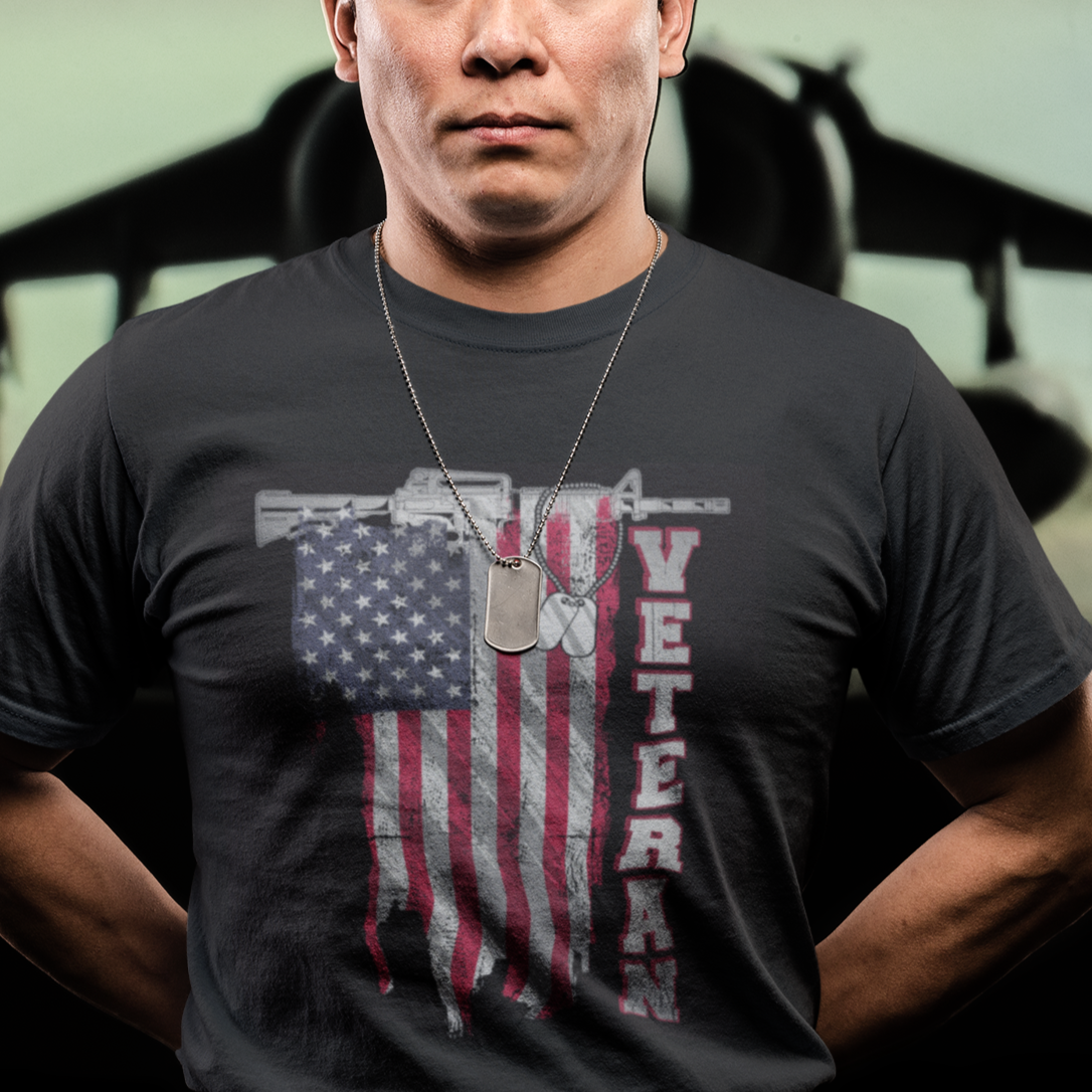 American Veteran T Shirt US Flag With Rifle And Dog Tags - Wonder Print Shop