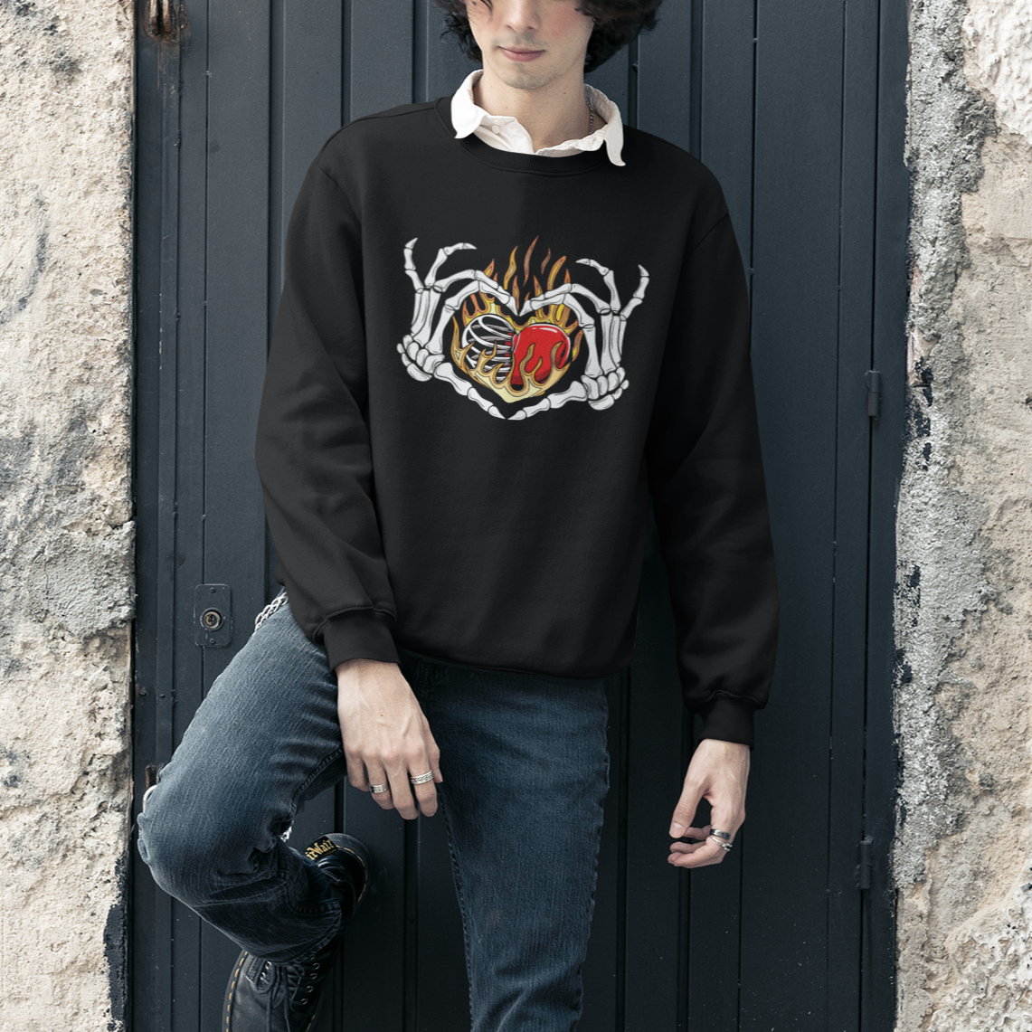 Valentine's Day Sweatshirt Skeleton Hand Love Sign Holding Fire Red Heart - Wonder Print Shop