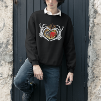 Valentine's Day Sweatshirt Skeleton Hand Love Sign Holding Fire Red Heart - Wonder Print Shop