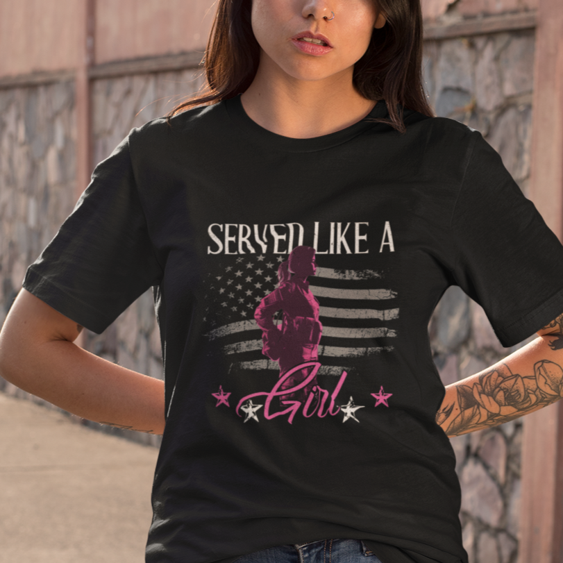 Female Veteran T Shirt Served Like A Girl American Flag US Pride - Wonder Print Shop