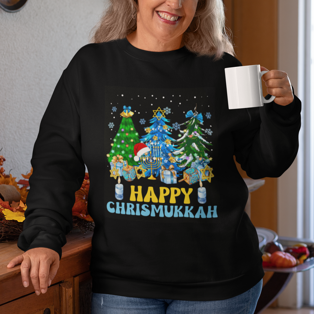 Christmas Hanukkah Sweatshirt Merry Christmukkah Jewish Christmas Trees Chanukah Hanukkah - Wonder Print Shop