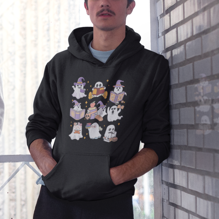 Halloween Reading Hoodie Reading Books Boo Sheet Ghosts Teacher Librarian - Wonder Print Shop