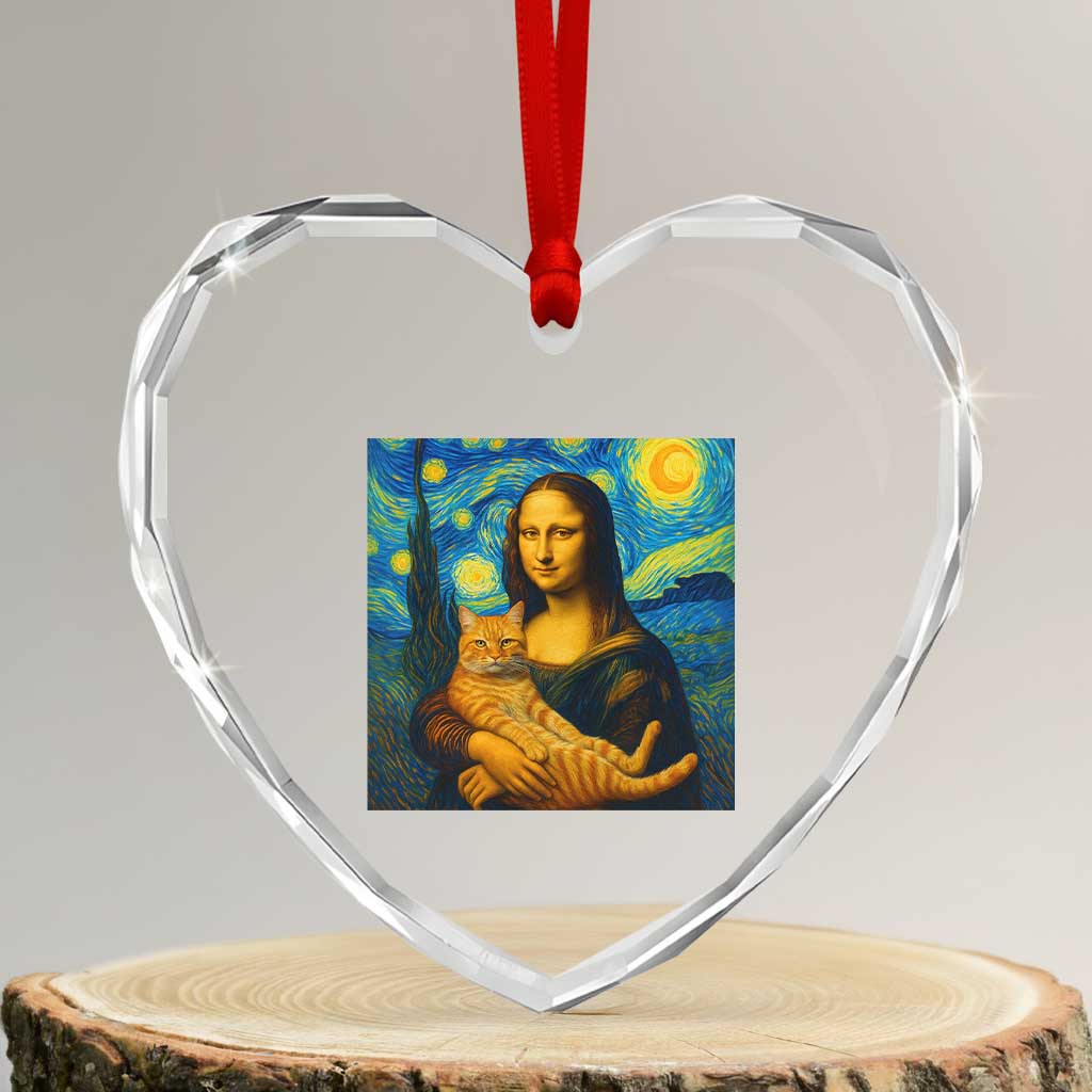 Mona Lisa Cat Starry Night Heart Crystal Glass Ornament - Wonder Print Shop