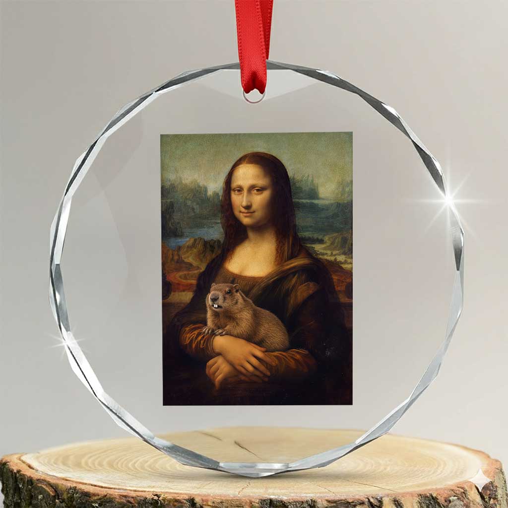 Mona Lisa Holding Groundhog Parody Painting Crystal Glass Ornament Funny Groundhog Day