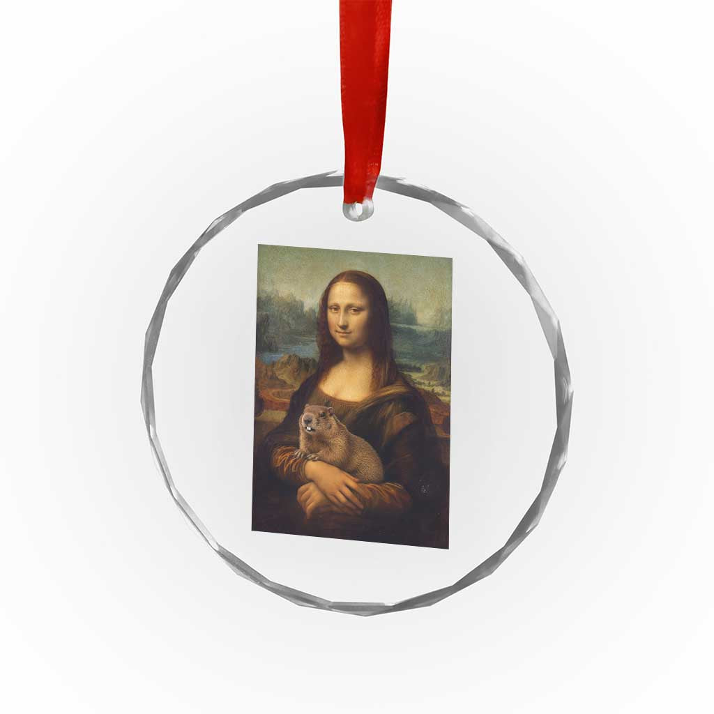 Mona Lisa Holding Groundhog Parody Painting Crystal Glass Ornament Funny Groundhog Day