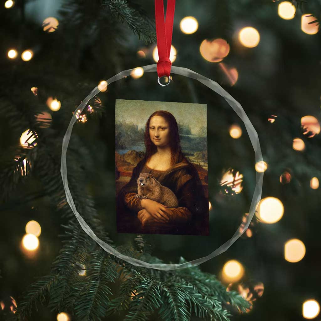 Mona Lisa Holding Groundhog Parody Painting Crystal Glass Ornament Funny Groundhog Day