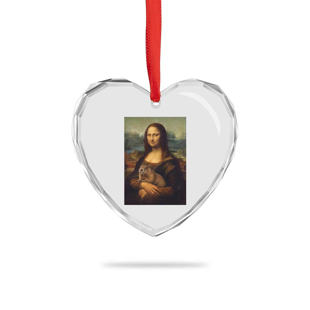 Mona Lisa Holding Groundhog Parody Painting Heart Crystal Glass Ornament Funny Groundhog Day