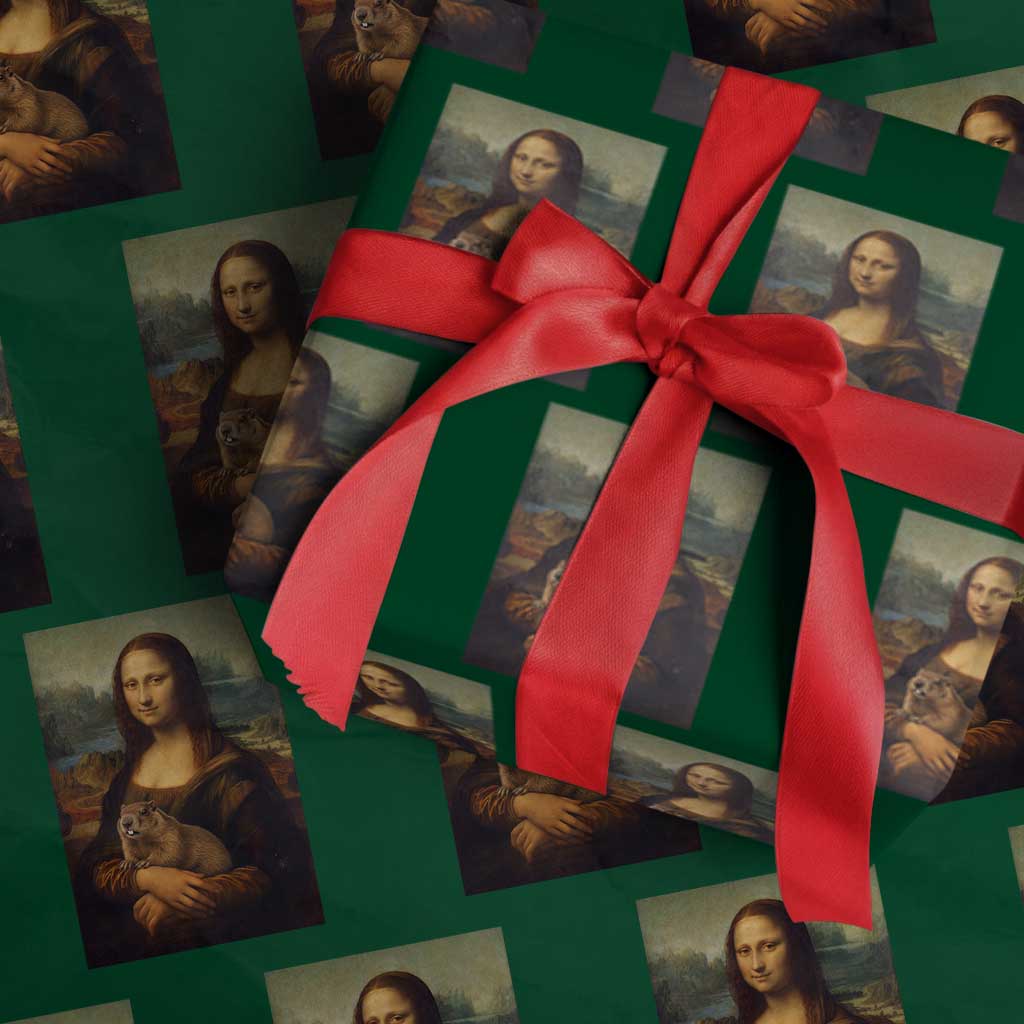 Mona Lisa Holding Groundhog Parody Painting Wrapping Paper Roll Funny Groundhog Day