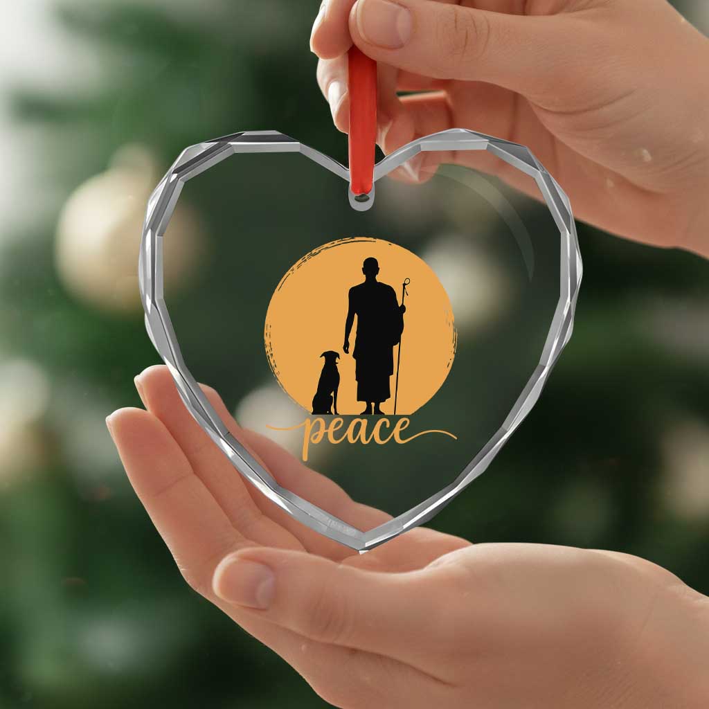 Monk and Dog Silhouette Peace Heart Crystal Glass Ornament Spiritual Walk for Peace Sunset - Wonder Print Shop