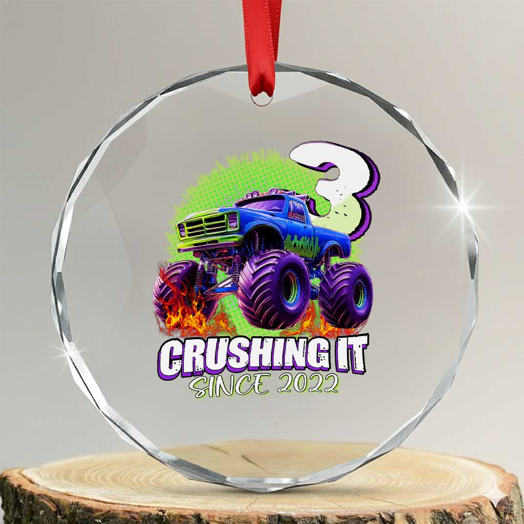 Monster Truck Birthday Crystal Glass Ornament 3 Years Old Boys Happy 3rd Bday Party TS02