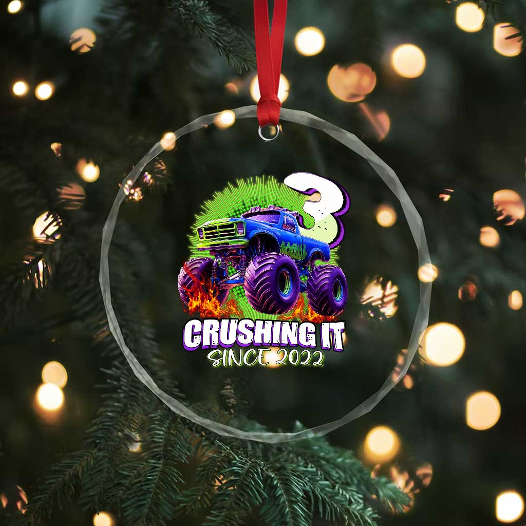 Monster Truck Birthday Crystal Glass Ornament 3 Years Old Boys Happy 3rd Bday Party TS02