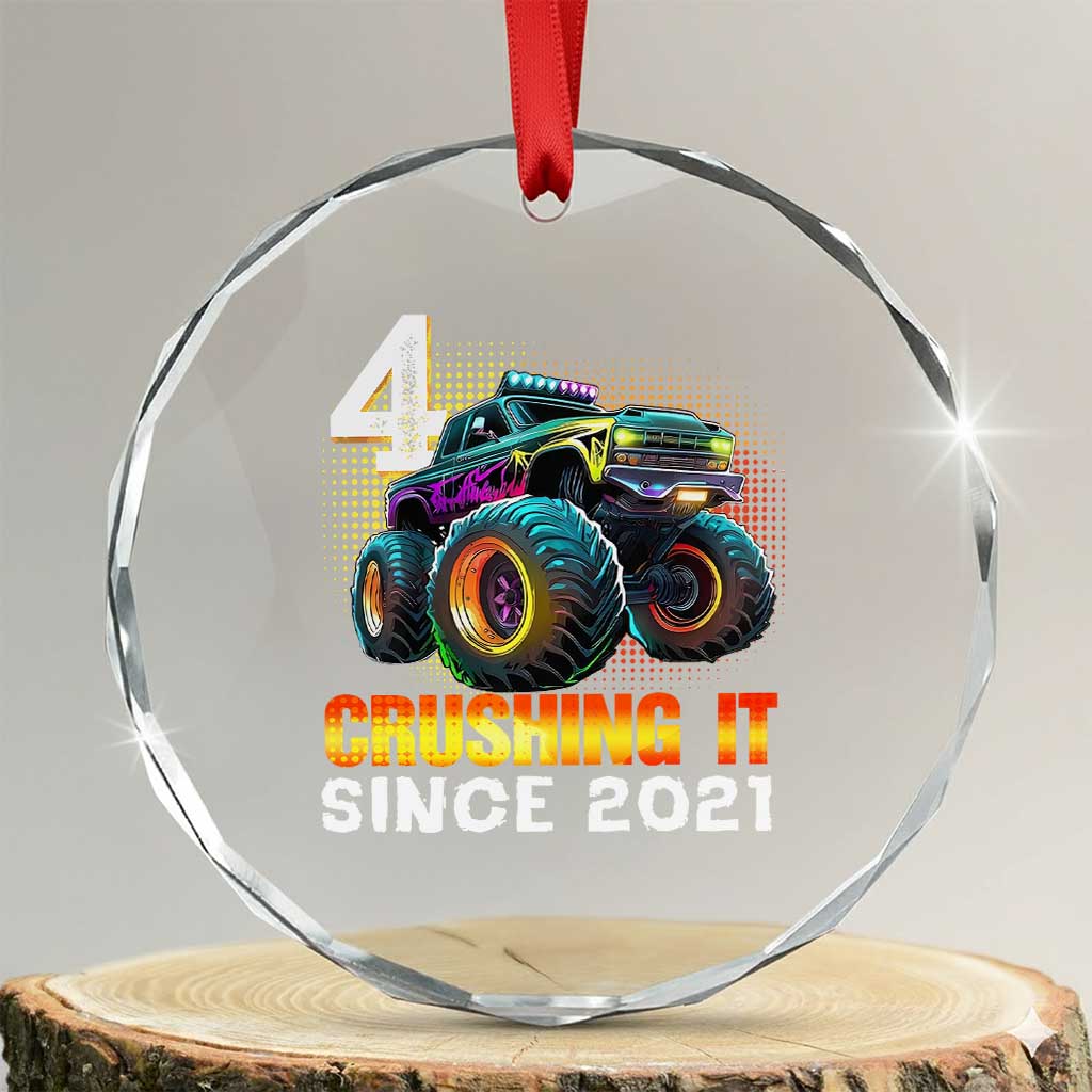 Monster Truck Birthday Crystal Glass Ornament Happy 4th Bday Party 4 Years Old Boy TS02