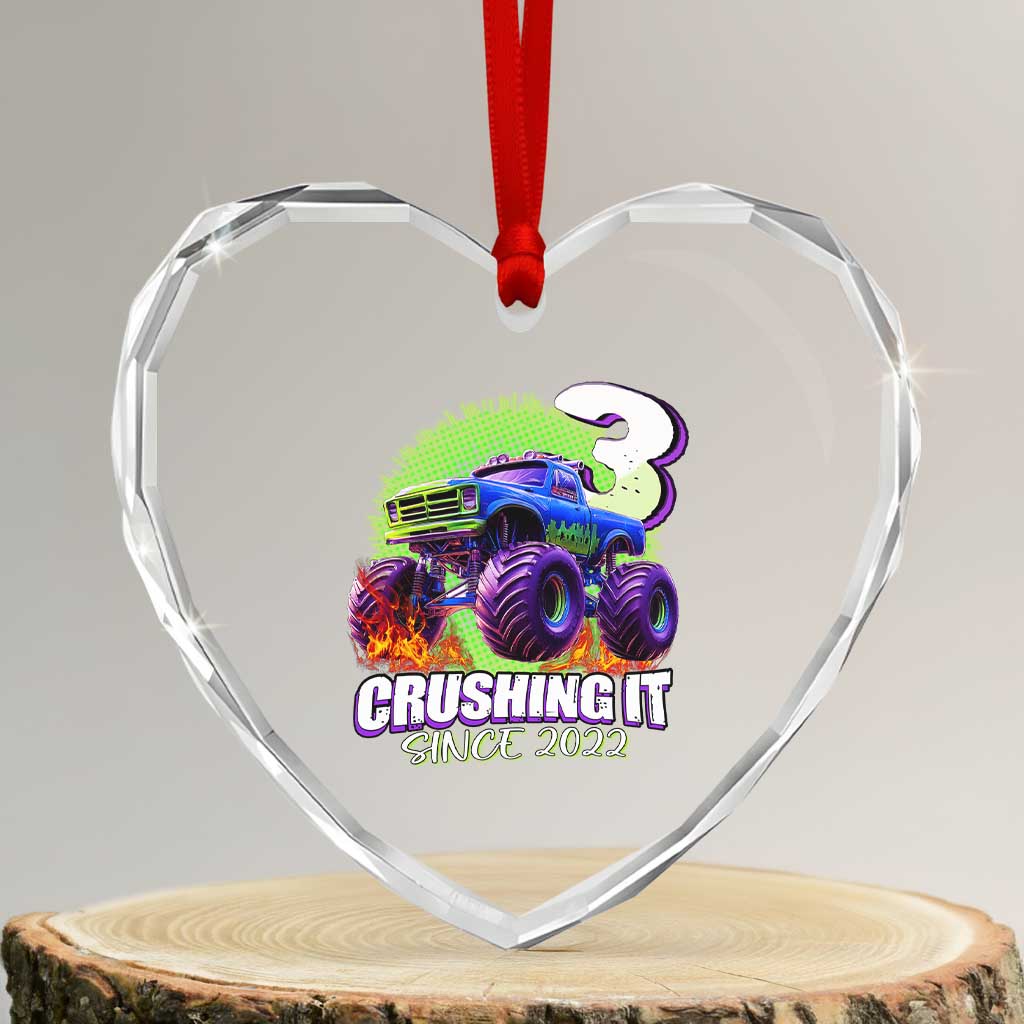 Monster Truck Birthday Heart Crystal Glass Ornament 3 Years Old Boys Happy 3rd Bday Party - Wonder Print Shop