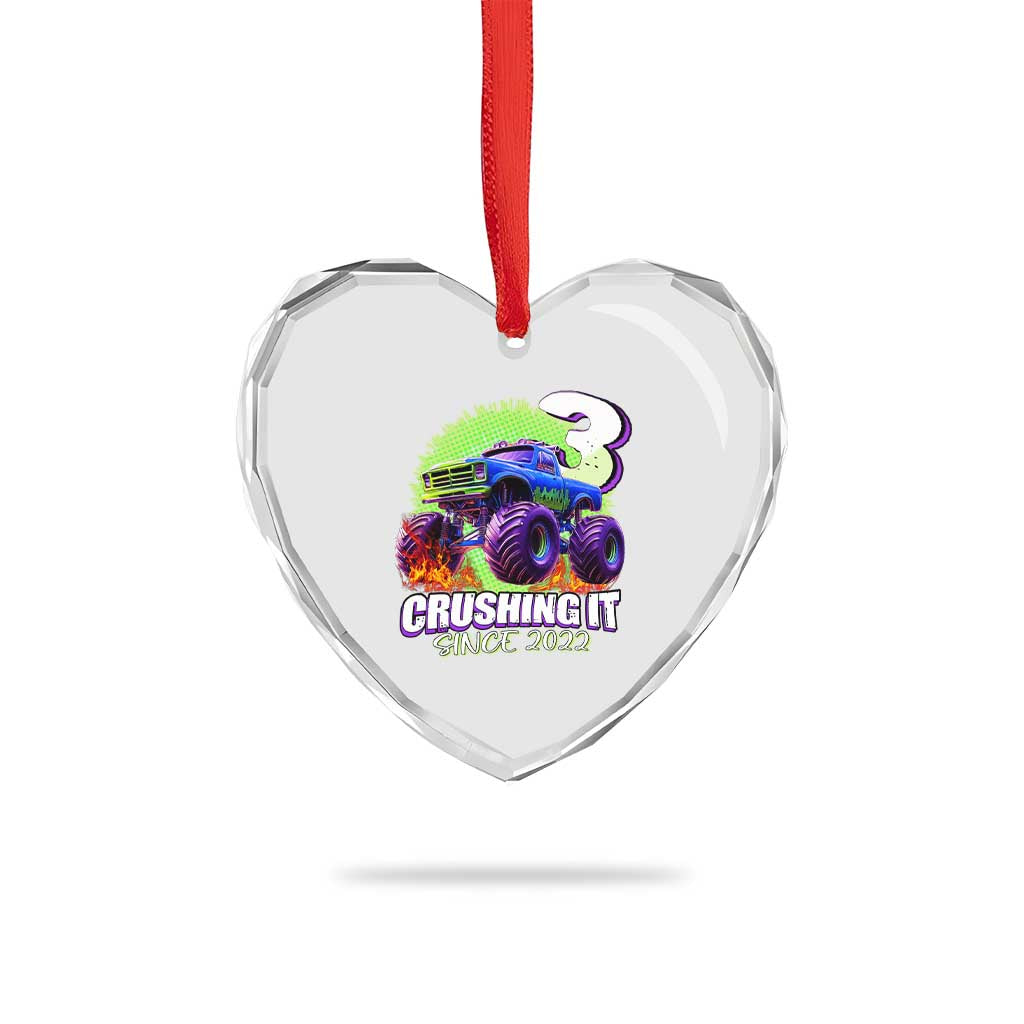Monster Truck Birthday Heart Crystal Glass Ornament 3 Years Old Boys Happy 3rd Bday Party - Wonder Print Shop
