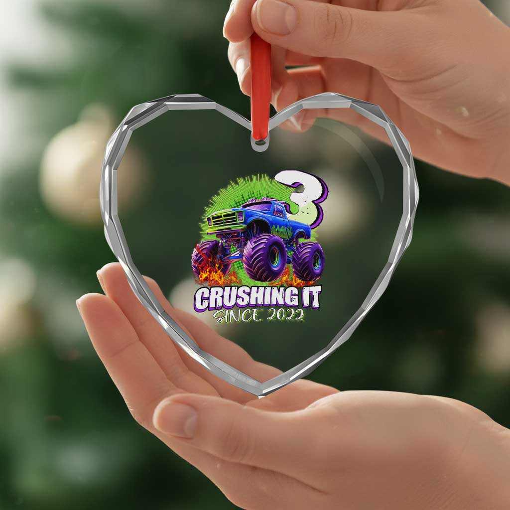 Monster Truck Birthday Heart Crystal Glass Ornament 3 Years Old Boys Happy 3rd Bday Party - Wonder Print Shop