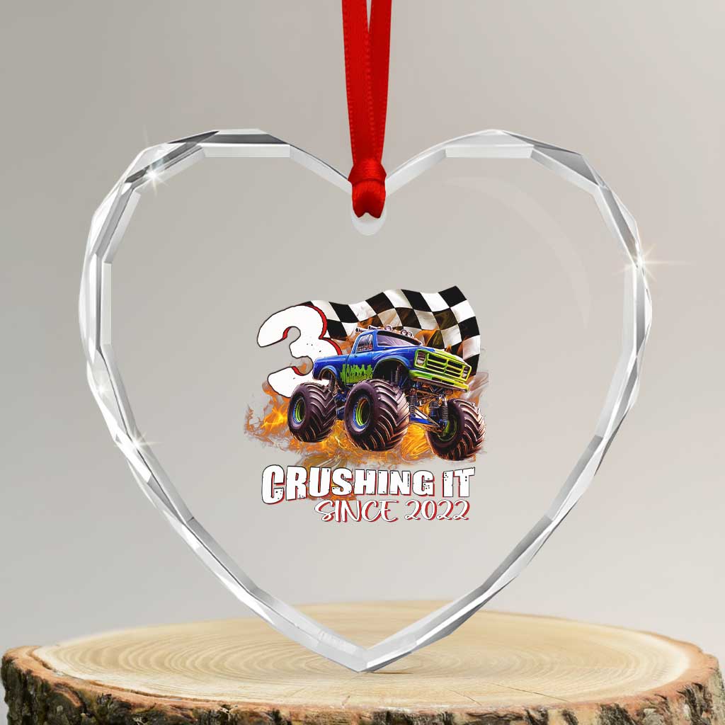 Monster Truck Birthday Heart Crystal Glass Ornament Happy 3rd Bday Party 3 Years Old Boy - Wonder Print Shop