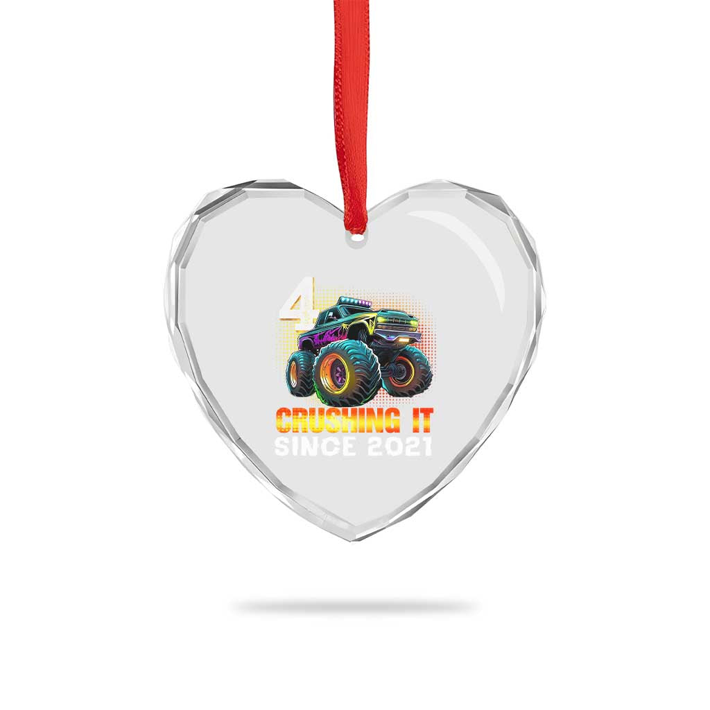 Monster Truck Birthday Heart Crystal Glass Ornament Happy 4th Bday Party 4 Years Old Boy - Wonder Print Shop