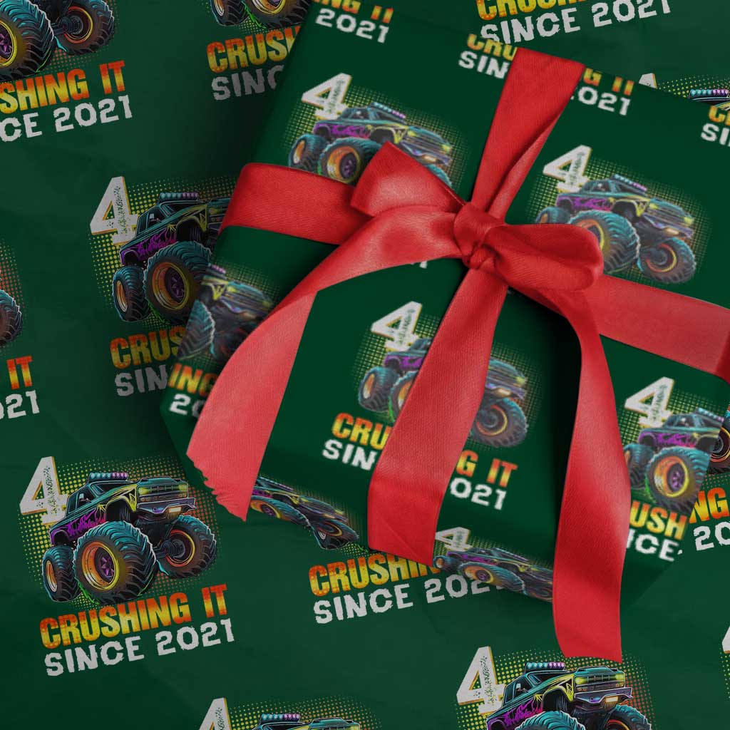 Monster Truck Birthday Wrapping Paper Roll Happy 4th Bday Party 4 Years Old Boy - Wonder Print Shop