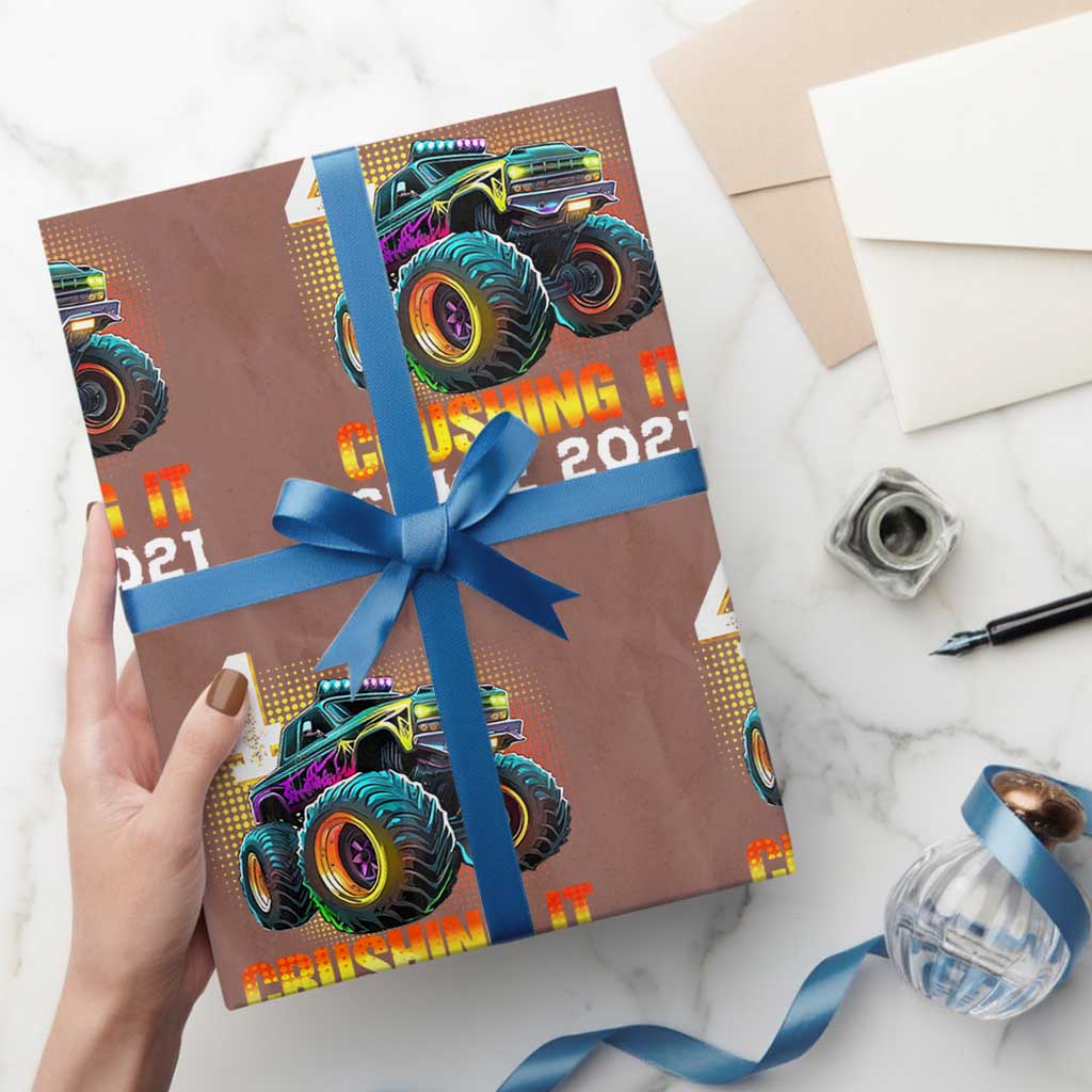 Monster Truck Birthday Wrapping Paper Roll Happy 4th Bday Party 4 Years Old Boy - Wonder Print Shop