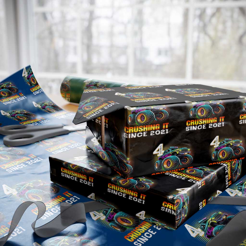 Monster Truck Birthday Wrapping Paper Roll Happy 4th Bday Party 4 Years Old Boy - Wonder Print Shop
