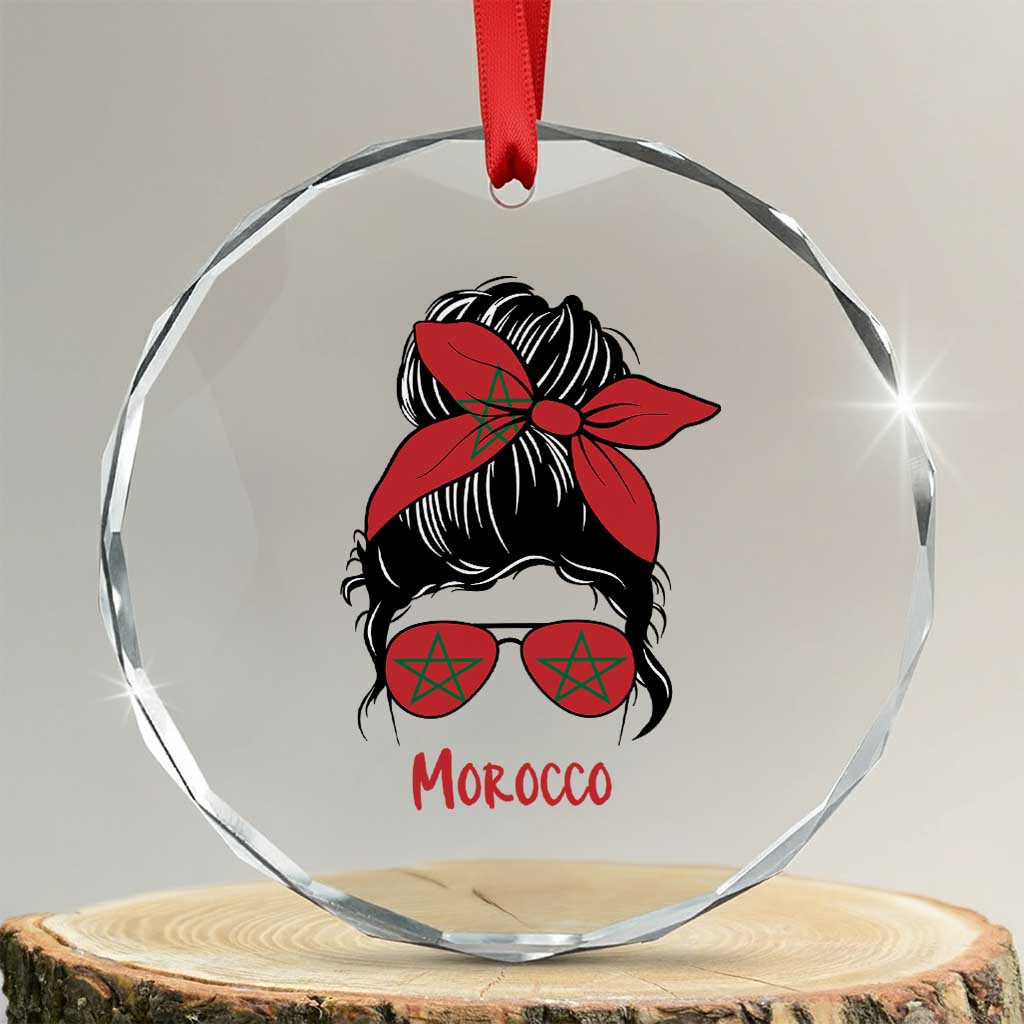 Morocco Girl Messy Bun with Flag Sunglasses Crystal Glass Ornament Proud Moroccan Woman Heritage