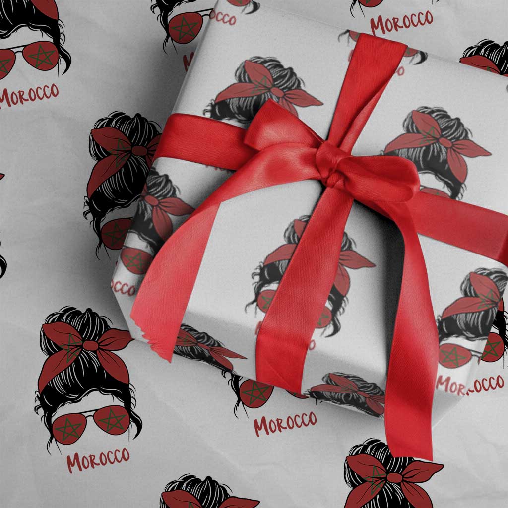 Morocco Girl Messy Bun with Flag Sunglasses Wrapping Paper Roll Proud Moroccan Woman Heritage