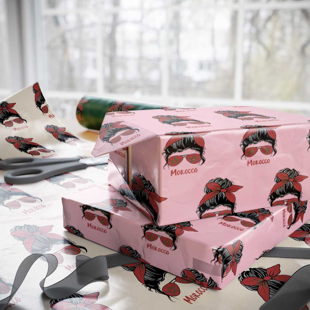 Morocco Girl Messy Bun with Flag Sunglasses Wrapping Paper Roll Proud Moroccan Woman Heritage