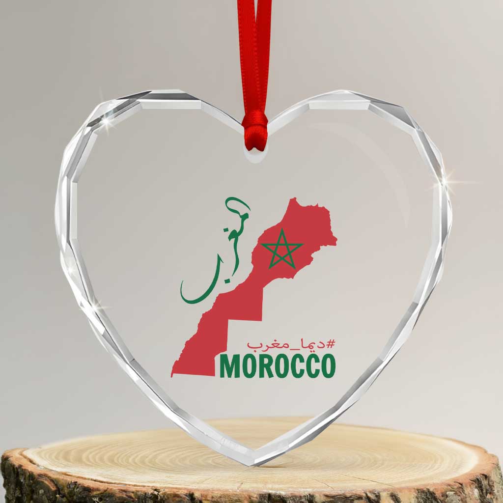 Morocco Map Dima Maghrib with Arabic Calligraphy Heart Crystal Glass Ornament Maghreb Traditional Moroccan Roots Graphic