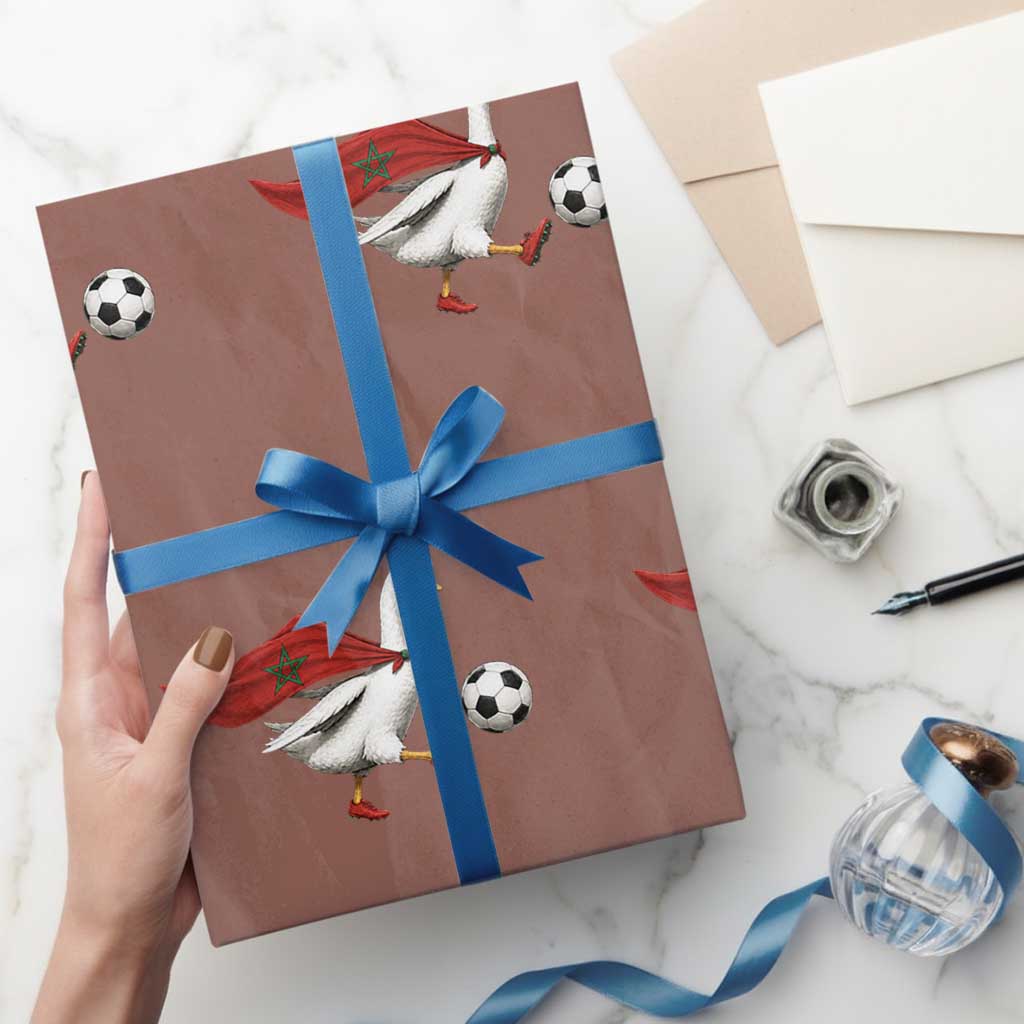 Morocco Soccer Wrapping Paper Roll Funny Goose Wearing Moroccan Flag Patriotic Football Fan Graphic