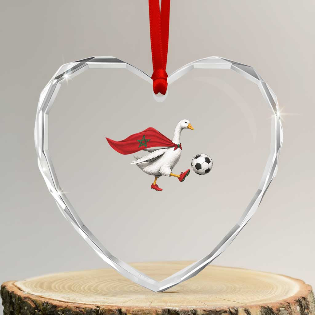 Morocco Soccer Heart Crystal Glass Ornament Funny Goose Wearing Moroccan Flag Patriotic Football Fan Graphic