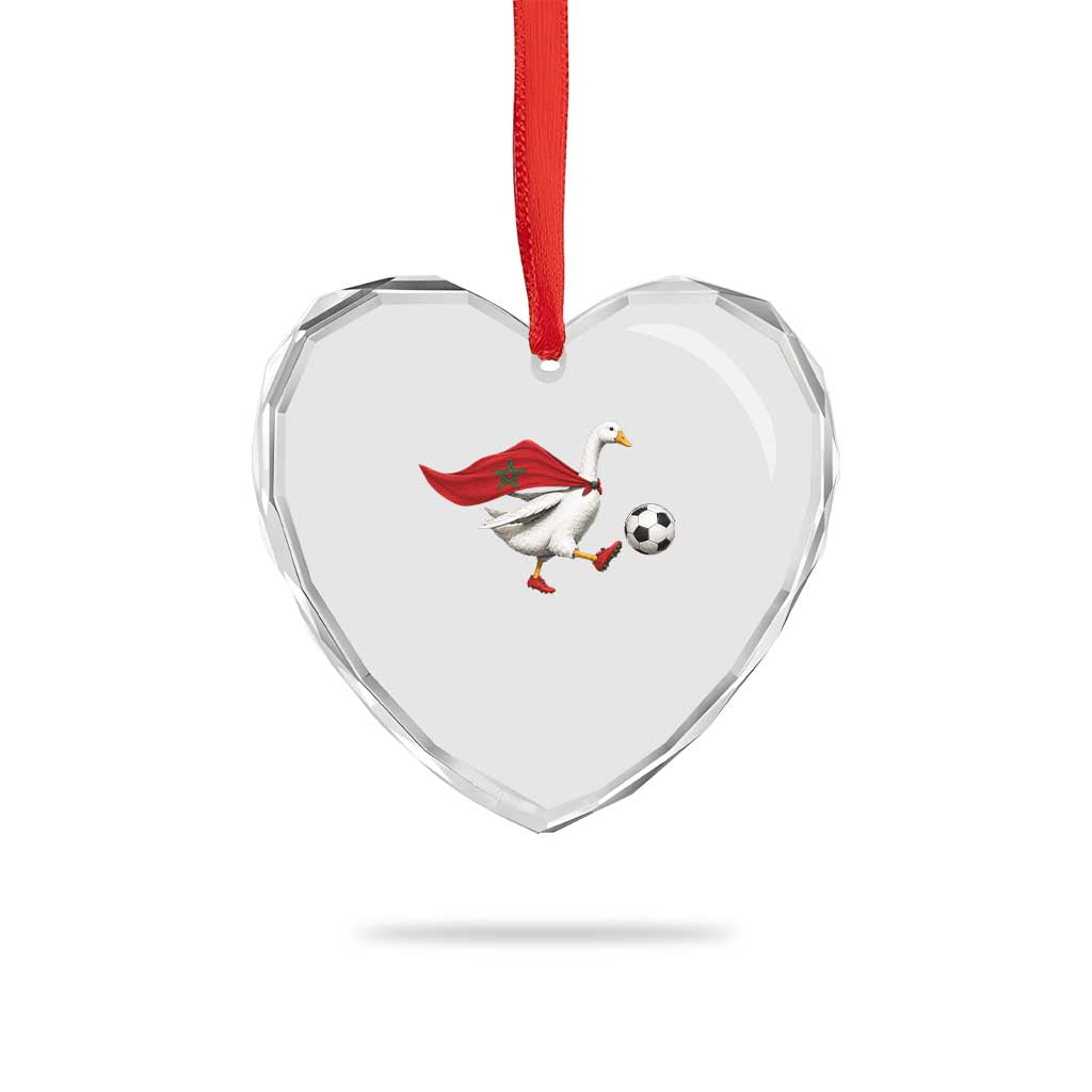 Morocco Soccer Heart Crystal Glass Ornament Funny Goose Wearing Moroccan Flag Patriotic Football Fan Graphic