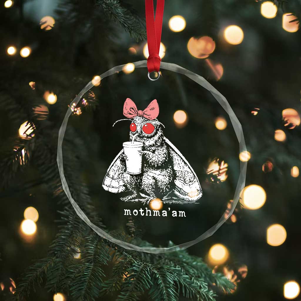 Mothma'am Pink Bow Cryptid Spooky Crystal Glass Ornament Funny Cute Coquette Mothman Legend Graphic