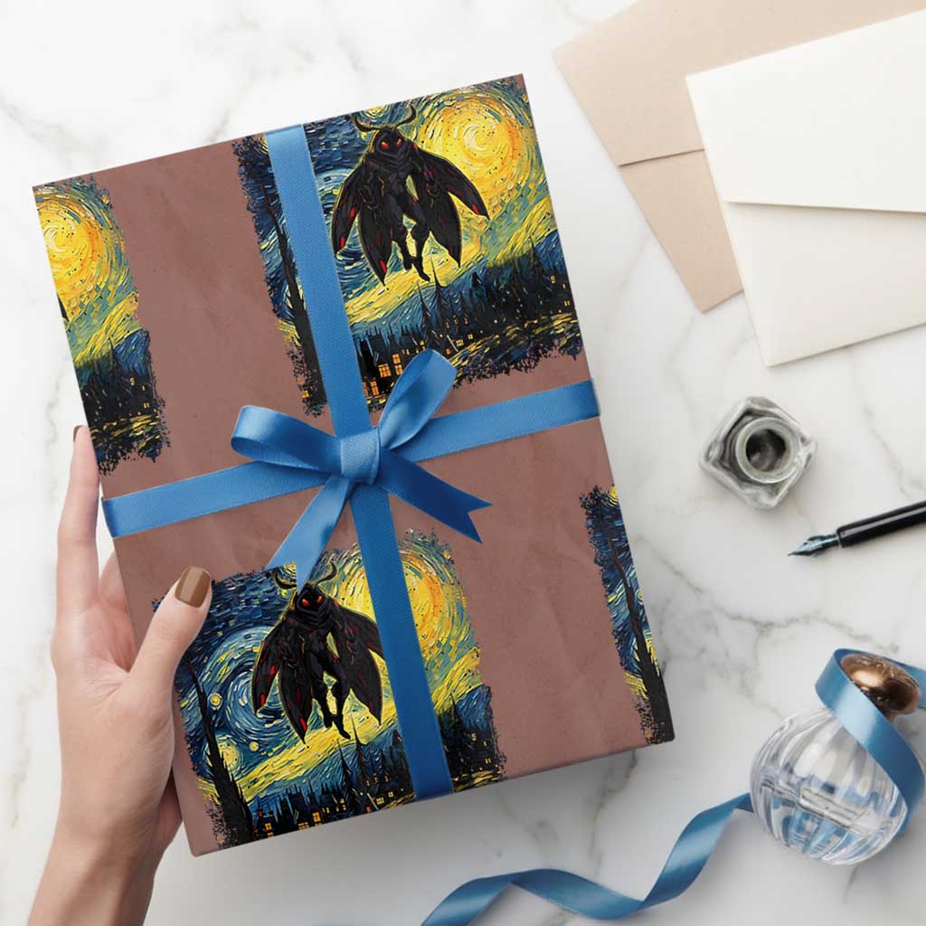 Mothman Wrapping Paper Roll Starry Night Van Gogh Cryptid Lover - Wonder Print Shop