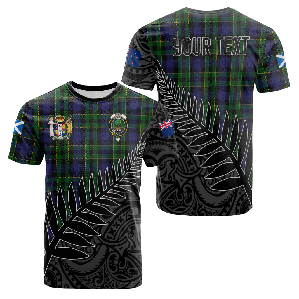 mowat-tartan-family-crest-t-shirt-with-fern-leaves-and-coat-of-arm-of-nea-zealand