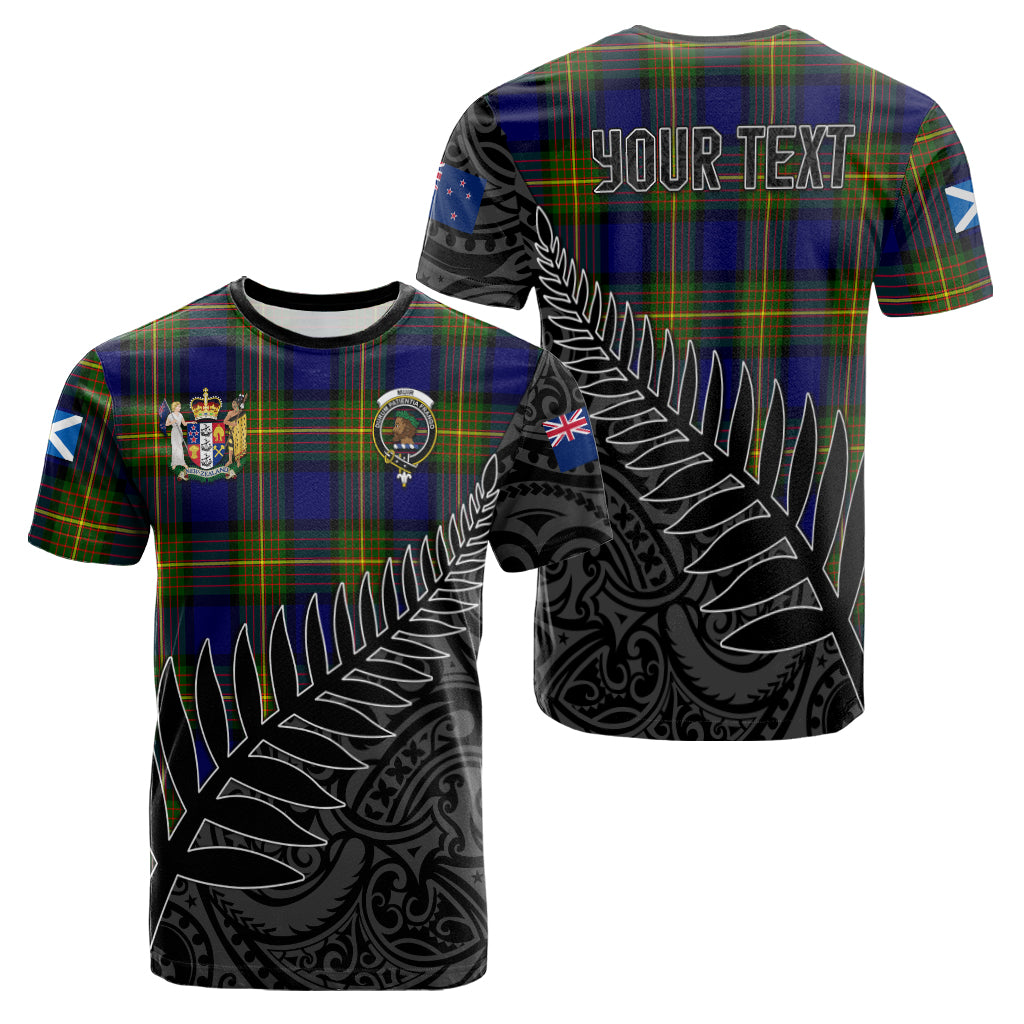 muir-tartan-family-crest-t-shirt-with-fern-leaves-and-coat-of-arm-of-nea-zealand
