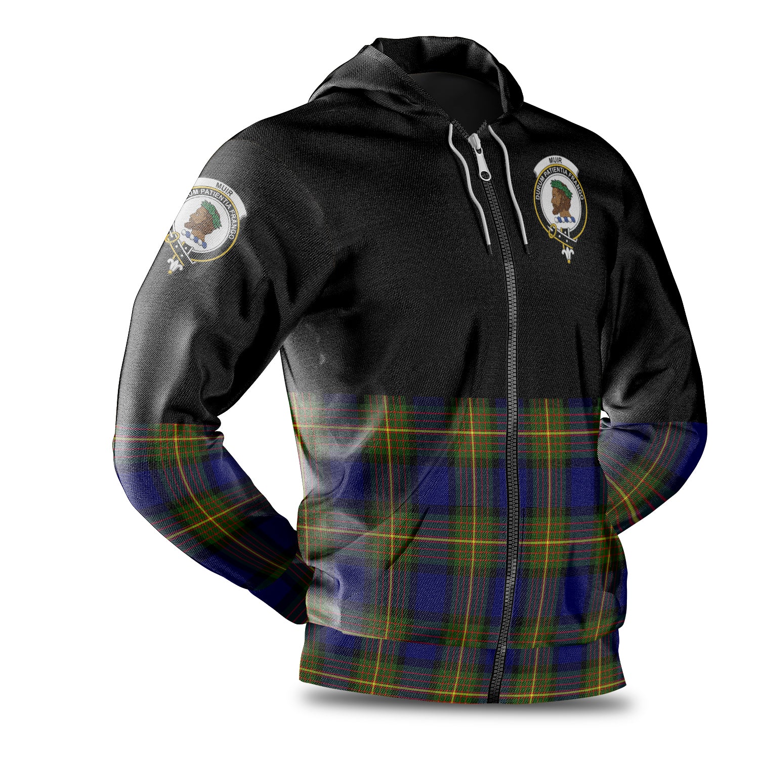 scottish-muir-clan-crest-half-of-tartan-hoodie