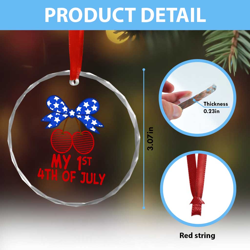 My 1st 4th of July Coquette Bow Striped Cherries Crystal Glass Ornament Preppy Patriotic Baby Girl Independence Holiday