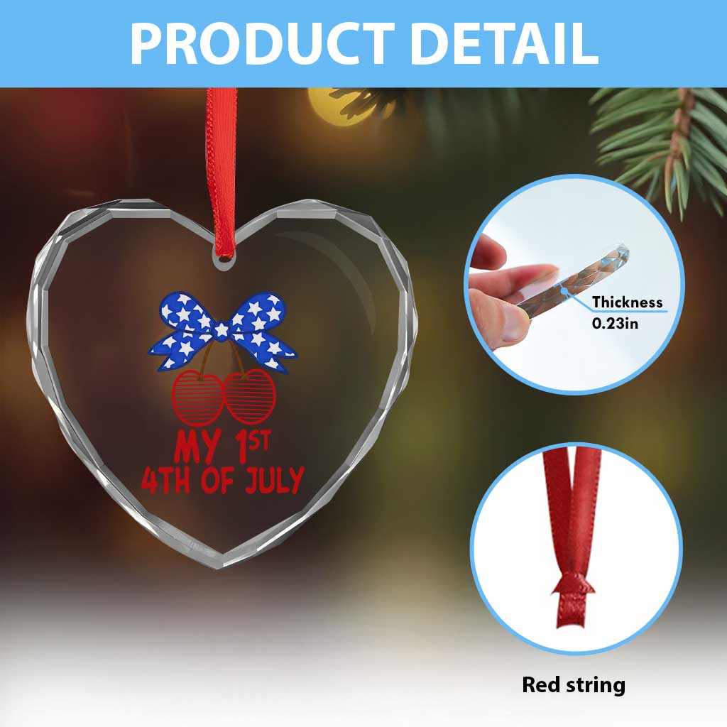 My 1st 4th of July Coquette Bow Striped Cherries Heart Crystal Glass Ornament Preppy Patriotic Baby Girl Independence Holiday