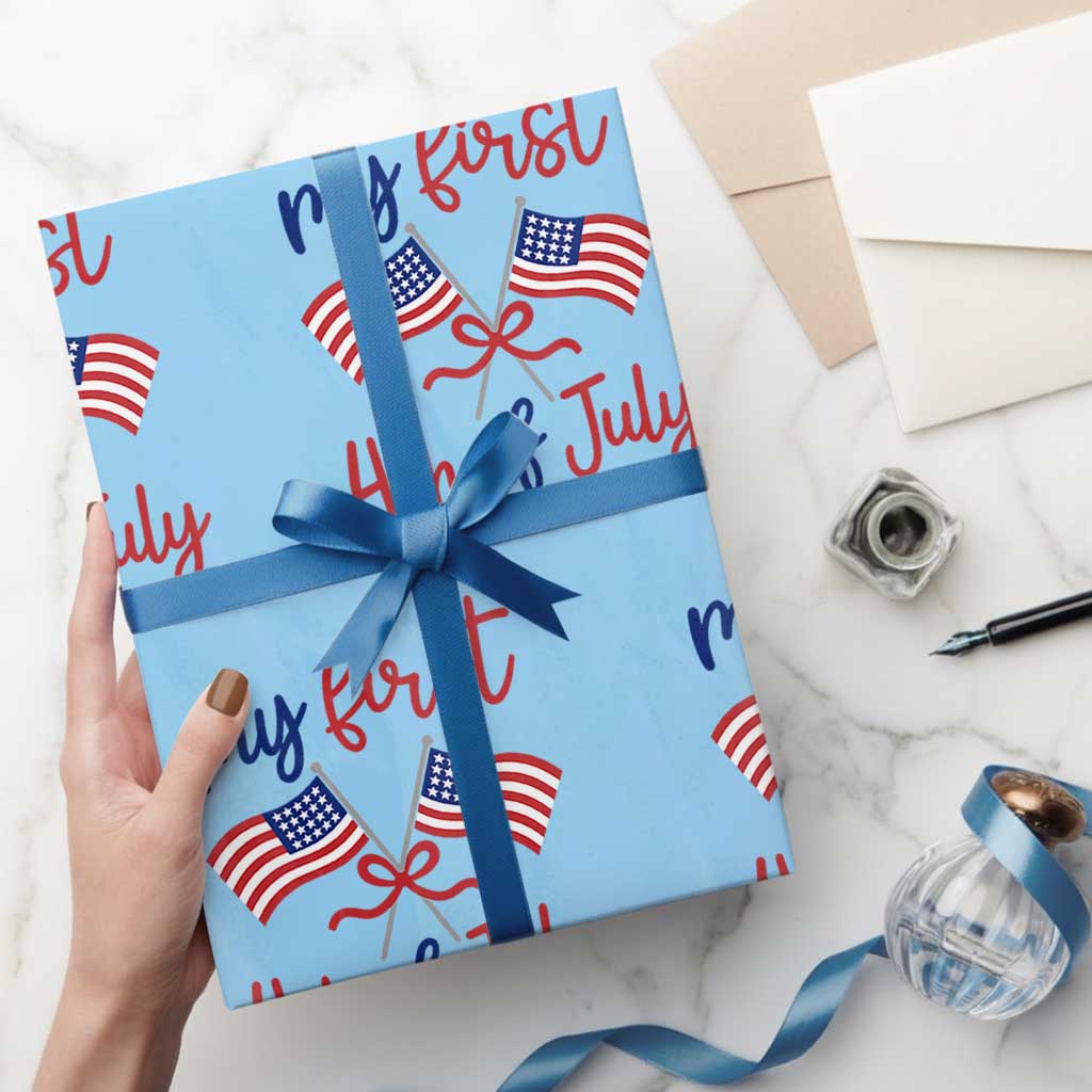 My First 4th of July Crossed American Flags Bow Wrapping Paper Roll Patriotic Baby Girl Holiday Milestone