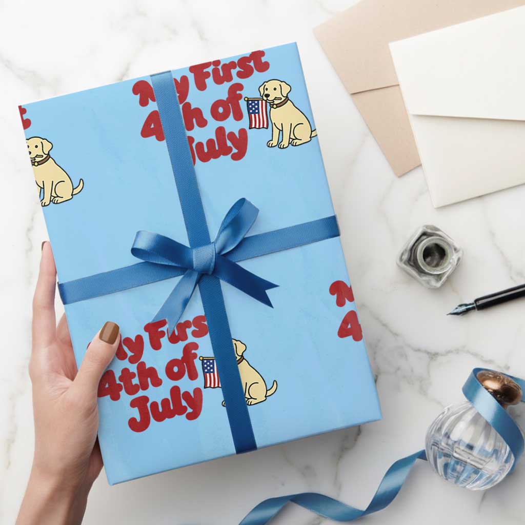 My First 4th of July Cute Golden Retriever Puppy Dog Wrapping Paper Roll American Flag Independence Holiday Milestone